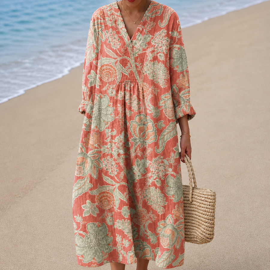 Vestido Coral con Cachemir Ornamental