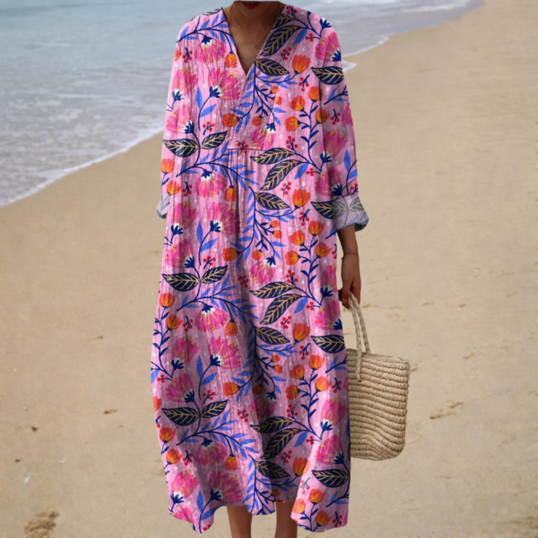 Vestido de Verano Rosa con Hojas Moradas