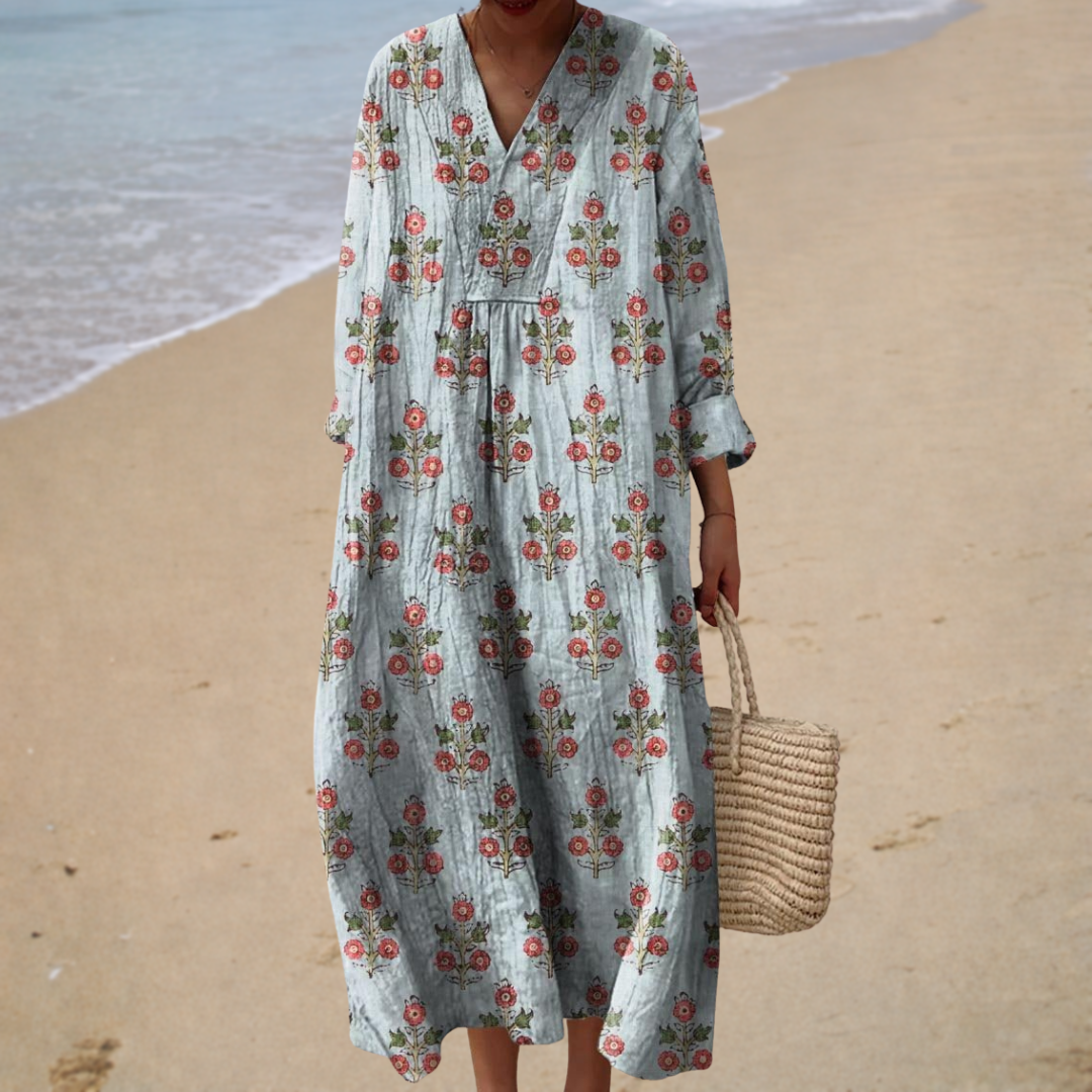 Vestido de Verano Azul con Flores Coral