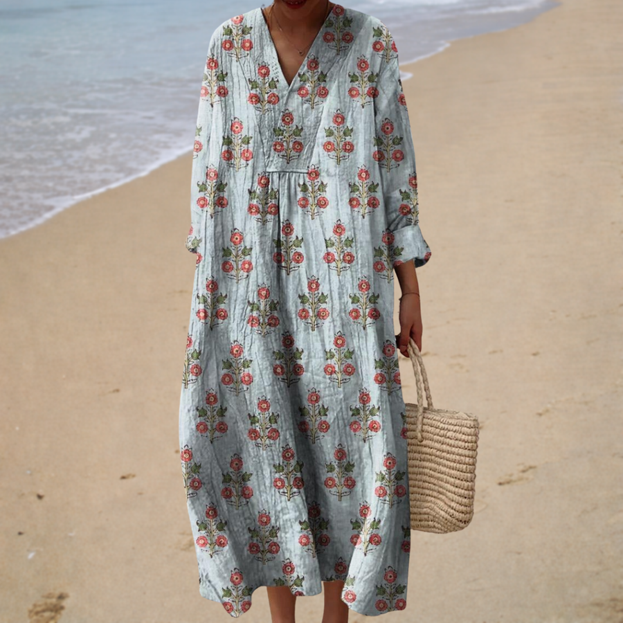 Vestido de Verano Azul con Flores Coral