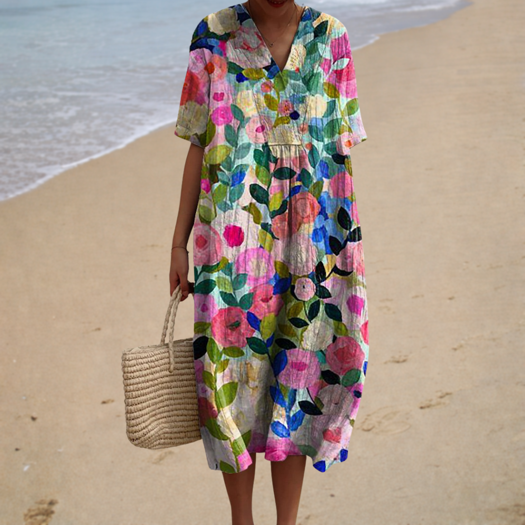 Vestido Blanco con Flores Tropicales Rosas