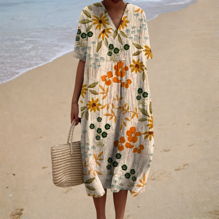 Vestido Blanco con Flores Amarillas y Naranjas