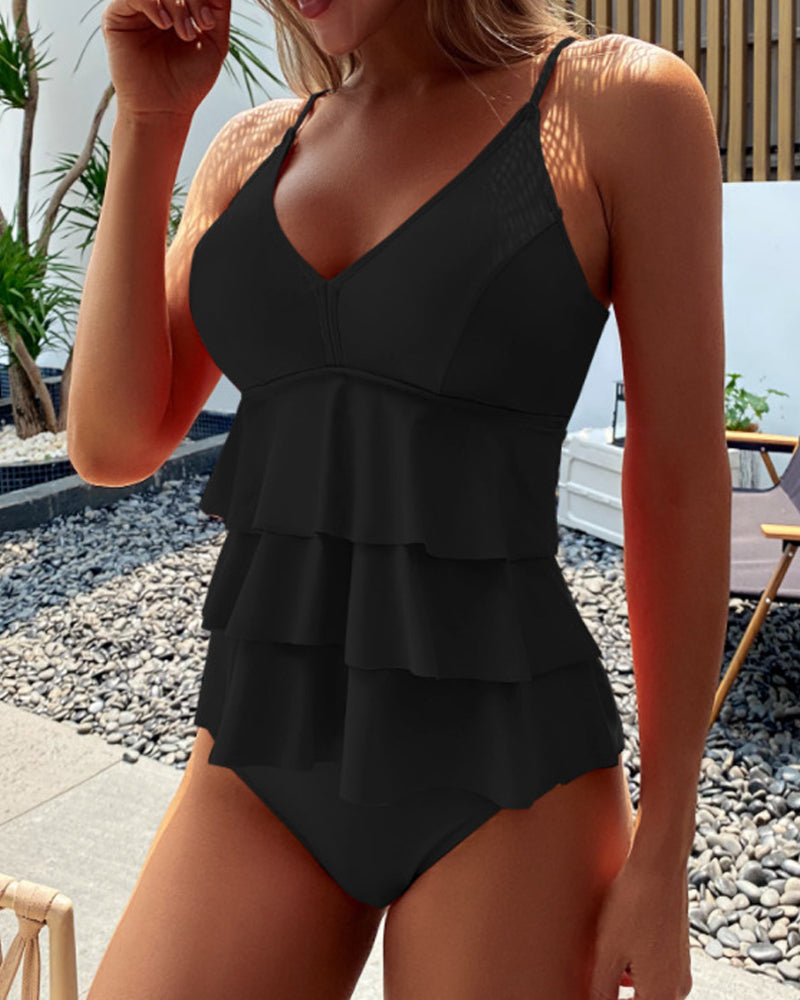 Tankini con volantes de color sólido