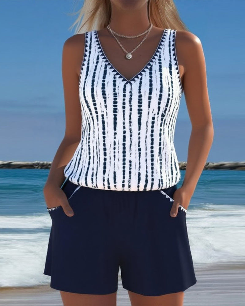 Maillot de baño casual con bolsillos y escote en V de dos piezas