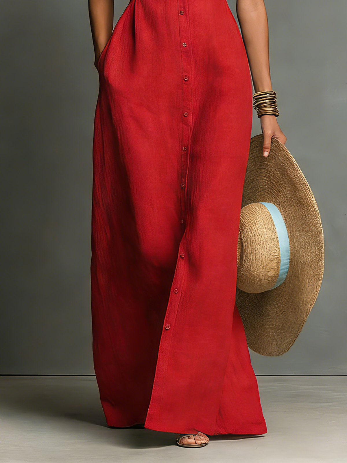 Vestido-camisa maxi minimalista, de una sola fila de botones, sin mangas y con cuello