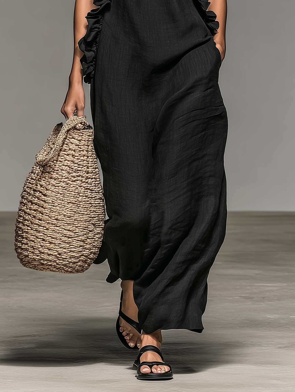 Vestido maxi sin mangas, en una mezcla de lino, con detalles de volantes