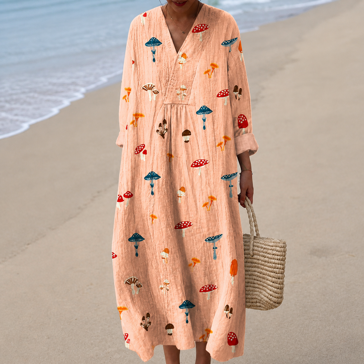 Vestido Melocotón con Setas Estampadas