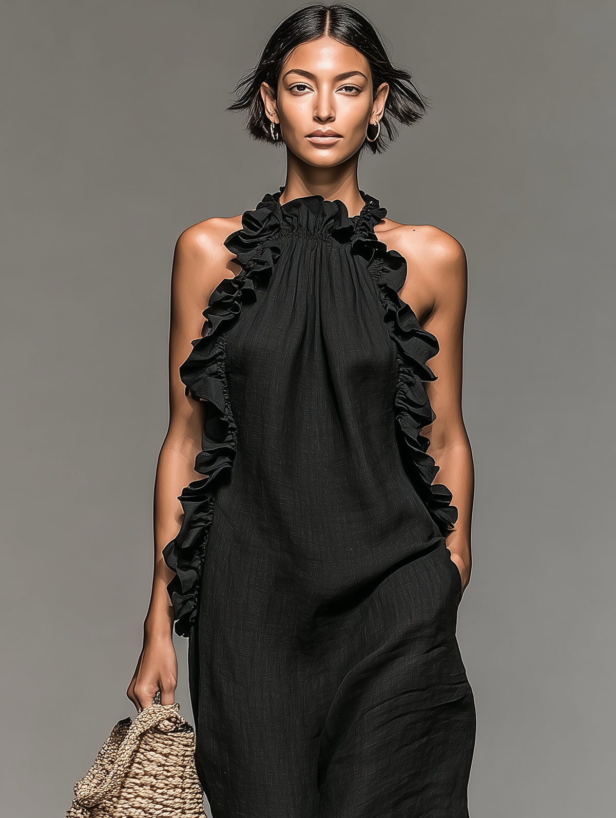 Vestido maxi sin mangas, en una mezcla de lino, con detalles de volantes