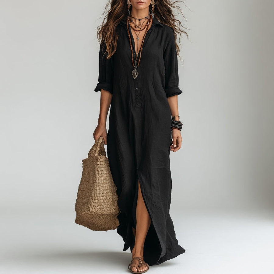 Violaine™ — Vestido largo tipo camisa bohemio elegancia natural