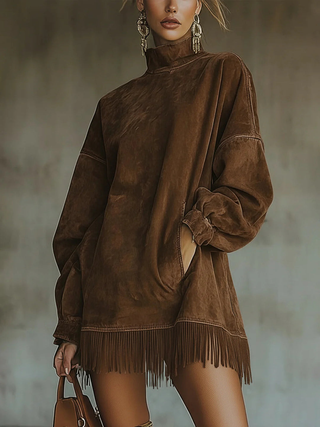 Darcie | Vestido de Ante con Cuello Alto y Flecos