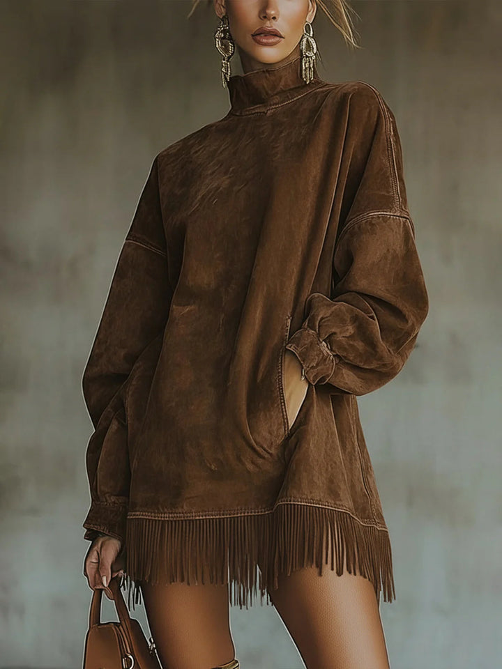 Darcie | Vestido de Ante con Cuello Alto y Flecos