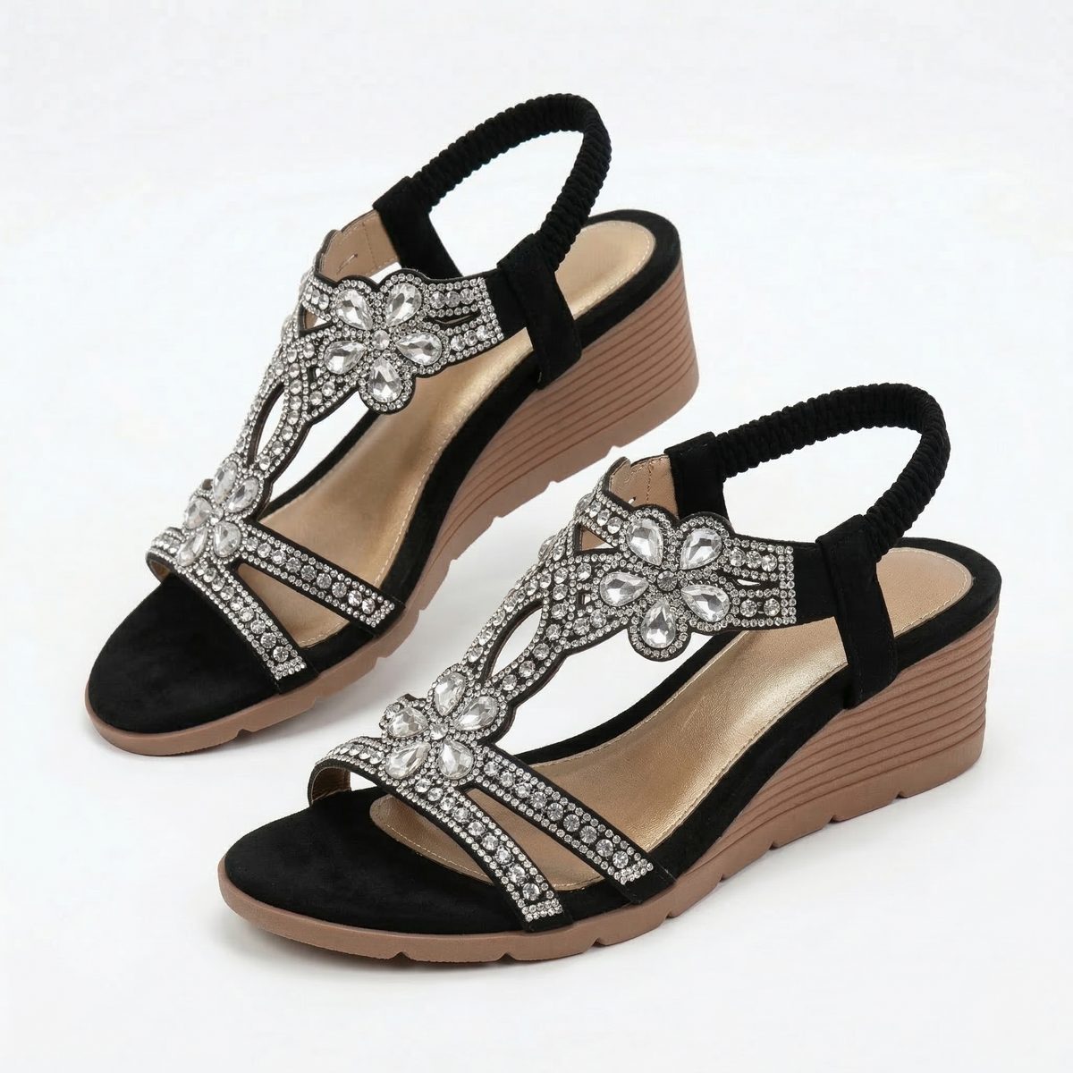 Lívia | Sandalias de Cuña con Piedras y Motivos Florales