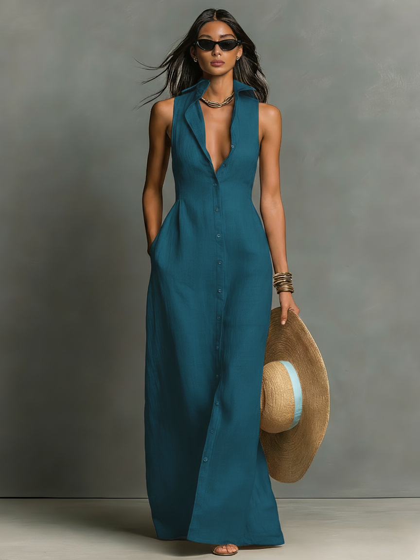 Vestido-camisa maxi minimalista, de una sola fila de botones, sin mangas y con cuello