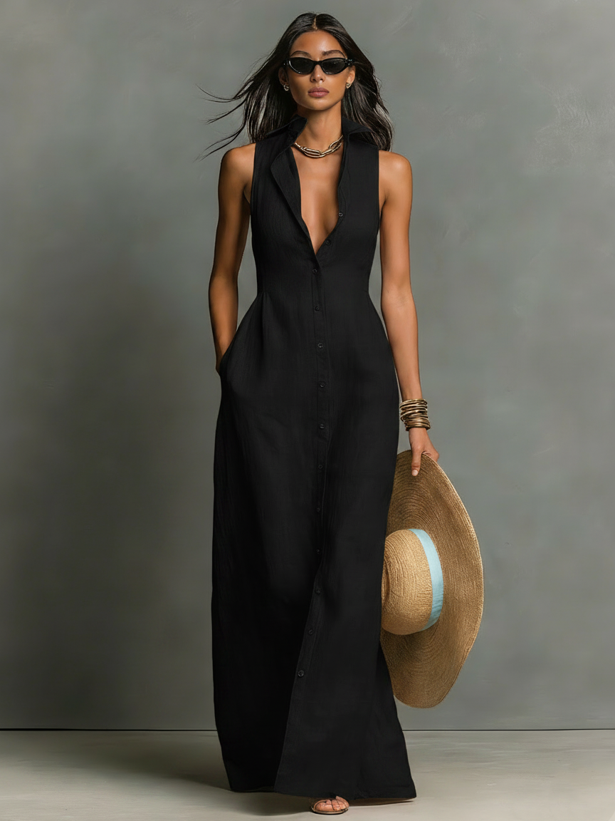 Vestido-camisa maxi minimalista, de una sola fila de botones, sin mangas y con cuello