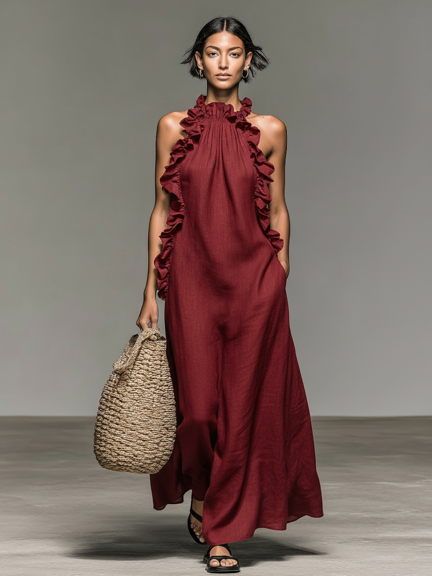 Vestido maxi sin mangas, en una mezcla de lino, con detalles de volantes