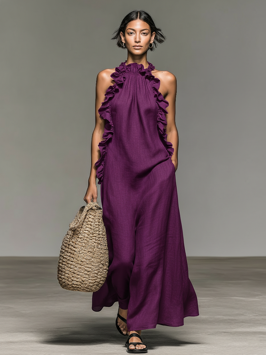 Vestido maxi sin mangas, en una mezcla de lino, con detalles de volantes