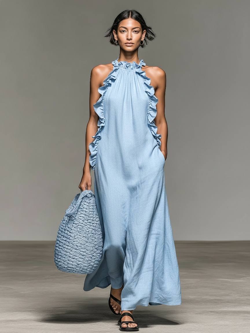 Vestido maxi sin mangas, en una mezcla de lino, con detalles de volantes