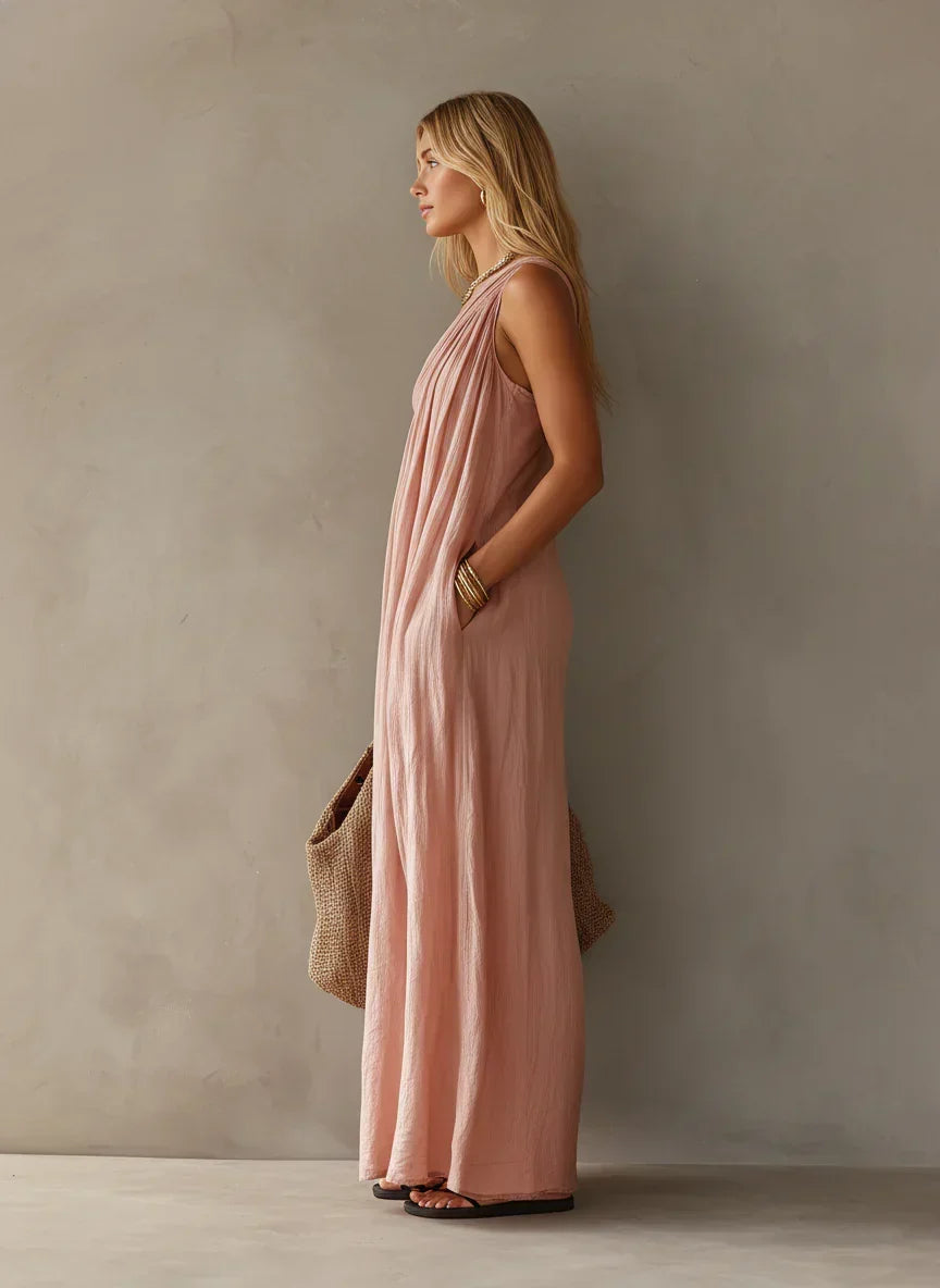Vestido maxi elegante, sin mangas, con diseño de un solo hombro