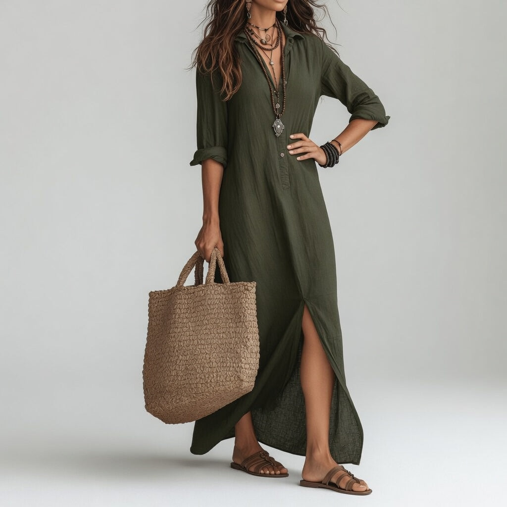 Violaine™ — Vestido largo tipo camisa bohemio elegancia natural