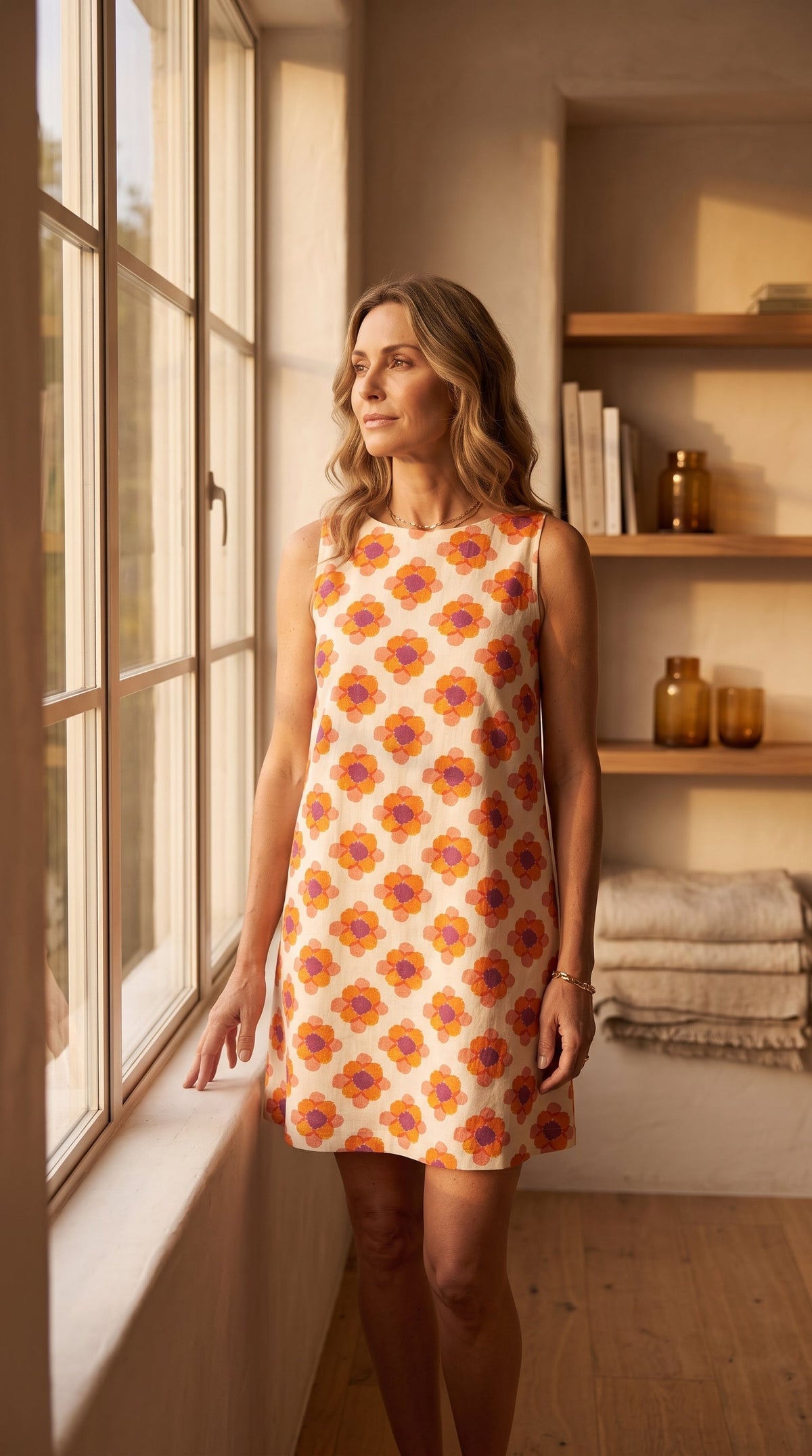 Robe Marguerite — trapezo corto, estampado floral retro