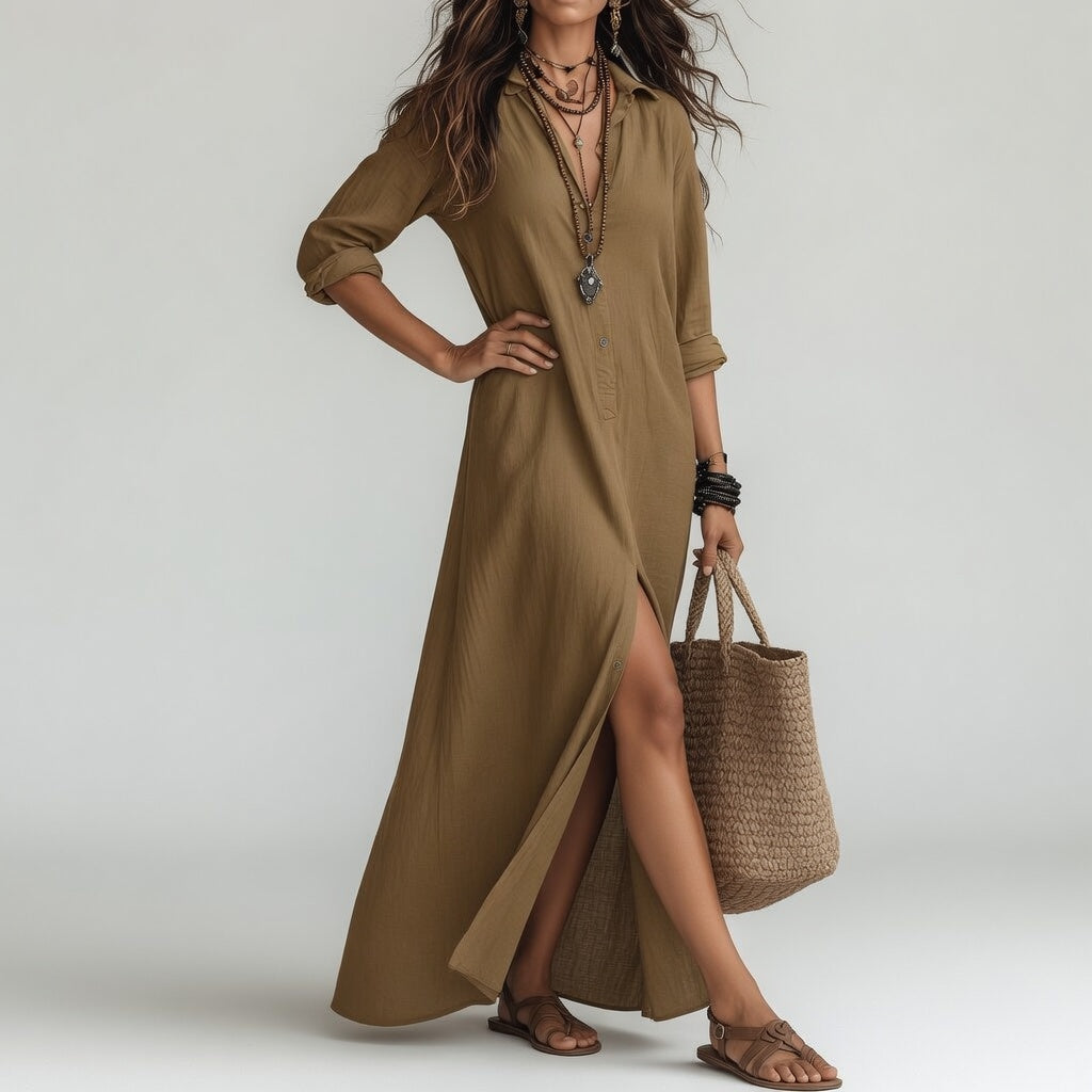 Violaine™ — Vestido largo tipo camisa bohemio elegancia natural