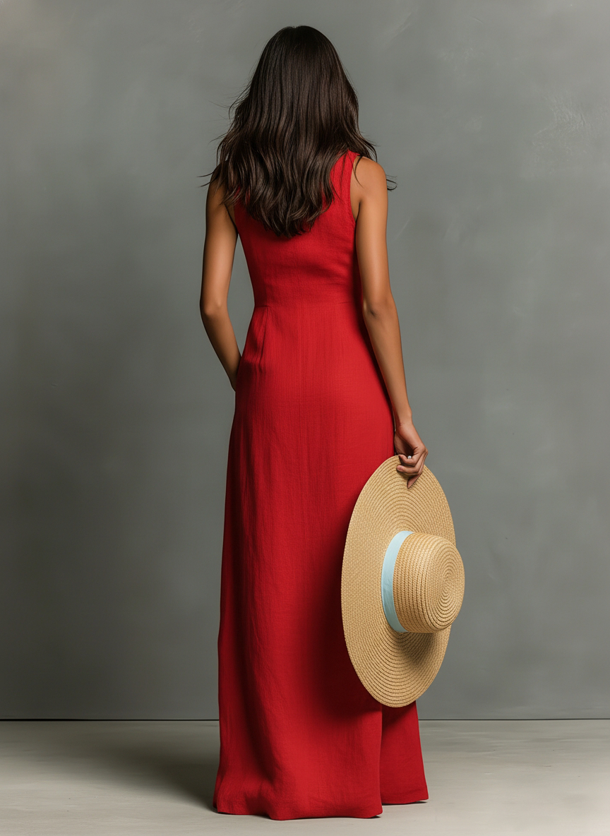 Vestido-camisa maxi minimalista, de una sola fila de botones, sin mangas y con cuello