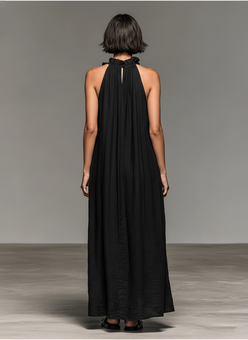 Vestido maxi sin mangas, en una mezcla de lino, con detalles de volantes