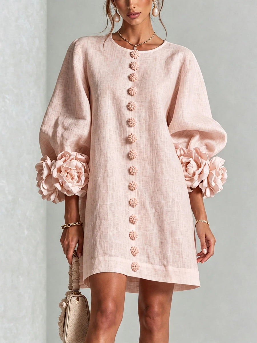 Vestido Floral con Mangas Globo y Escote Redondo