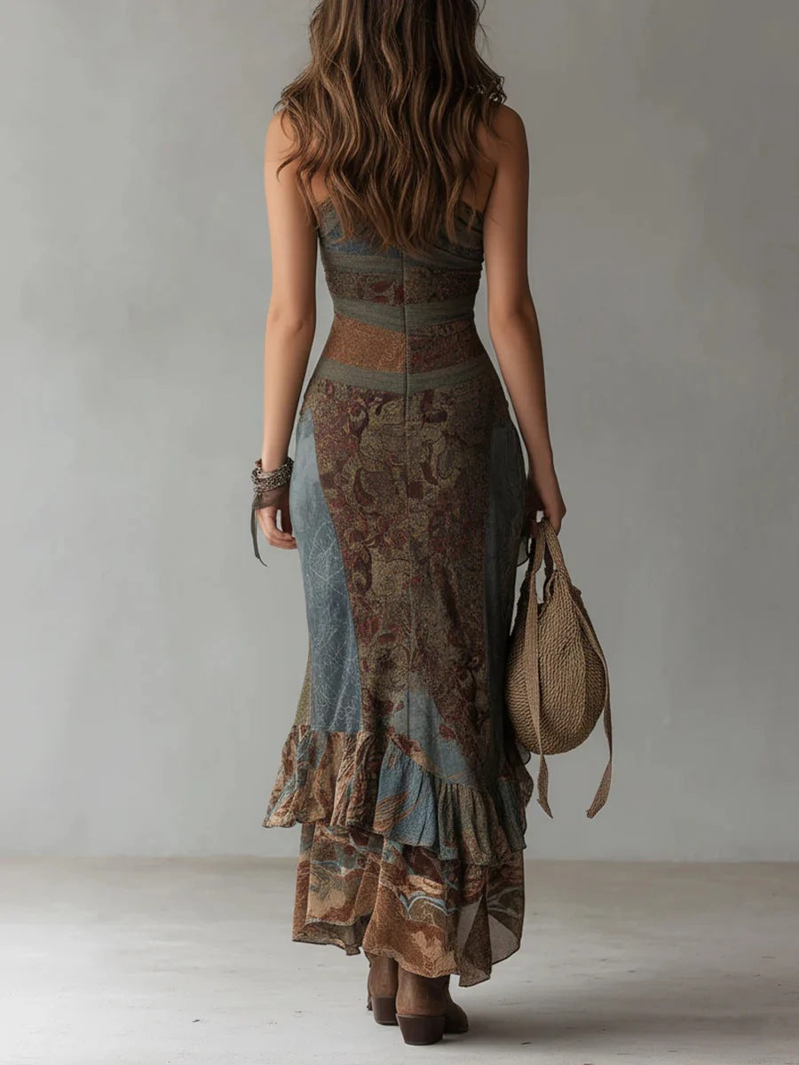 Vestido largo asimétrico con estampado retro en patchwork, de corte ajustado y con una abertura alta