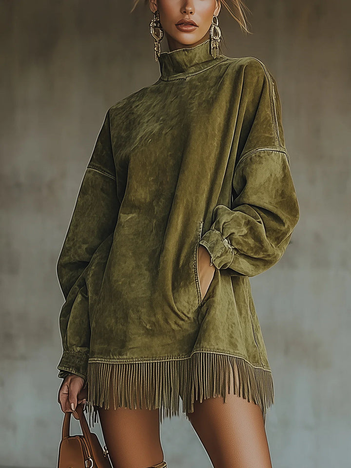 Darcie | Vestido de Ante con Cuello Alto y Flecos