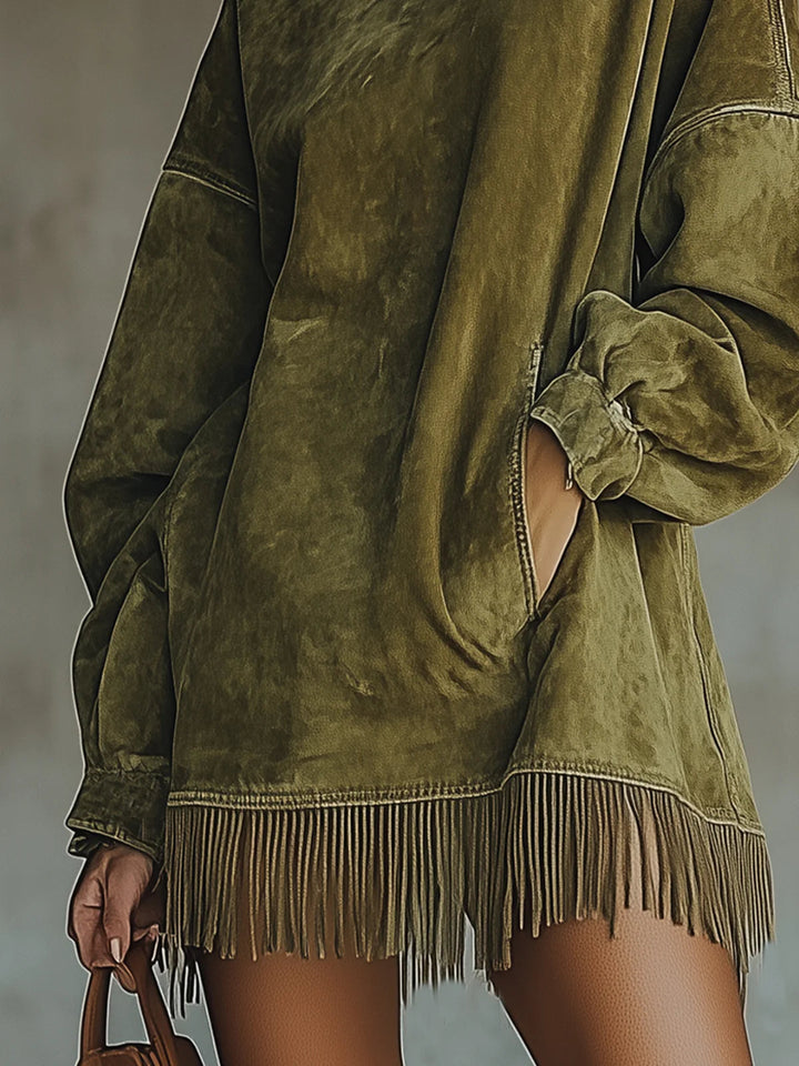 Darcie | Vestido de Ante con Cuello Alto y Flecos