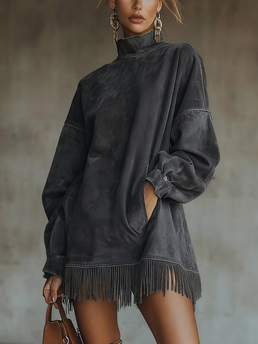 Darcie | Vestido de Ante con Cuello Alto y Flecos