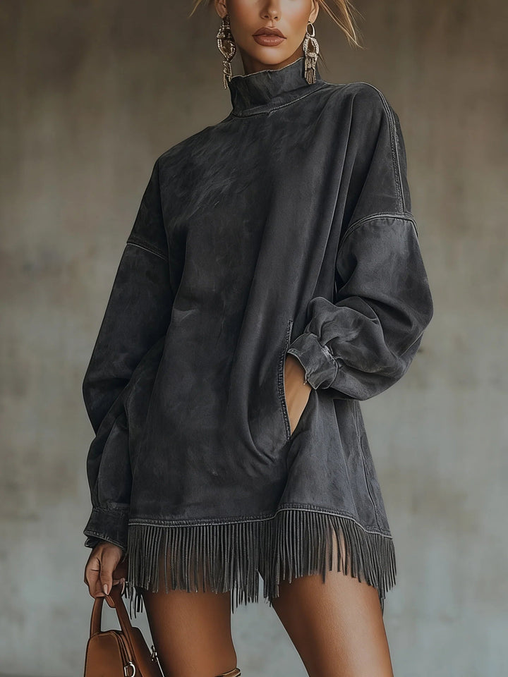 Darcie | Vestido de Ante con Cuello Alto y Flecos
