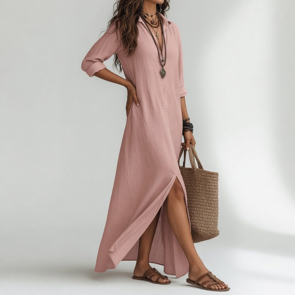 Violaine™ — Vestido largo tipo camisa bohemio elegancia natural