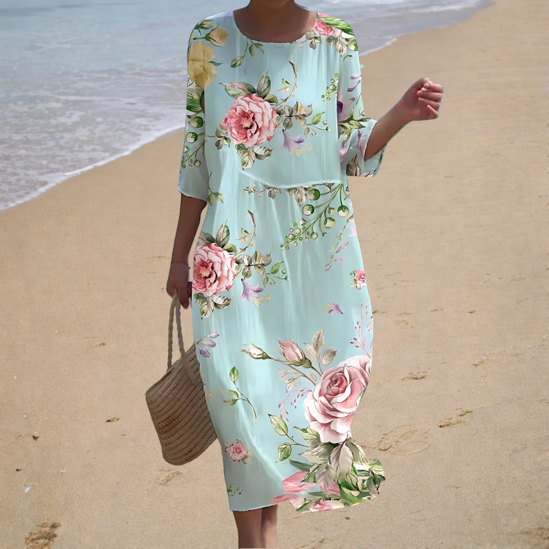 Vestido Largo Verde Agua con Rosas Rosas