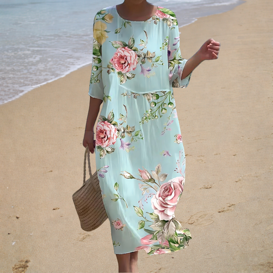 Vestido Largo Verde Agua con Rosas Rosas