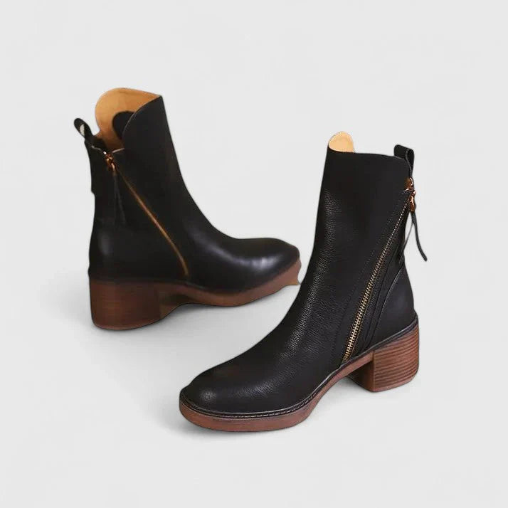 Camille | Botines de Cuero con Tacón Medio y Cremallera Dorada