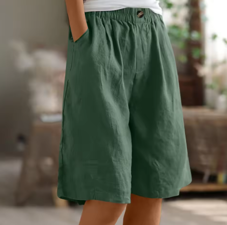 Bermuda de Lino Verde Oliva con Bolsillos