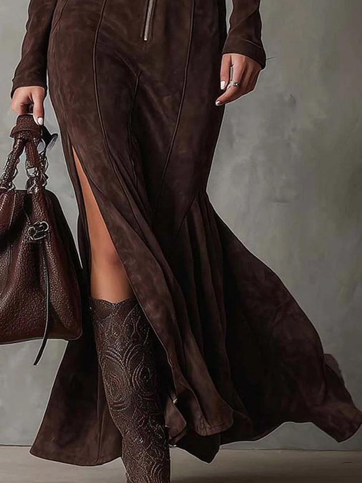 Julina - Chic Long Dress with Suede Effect