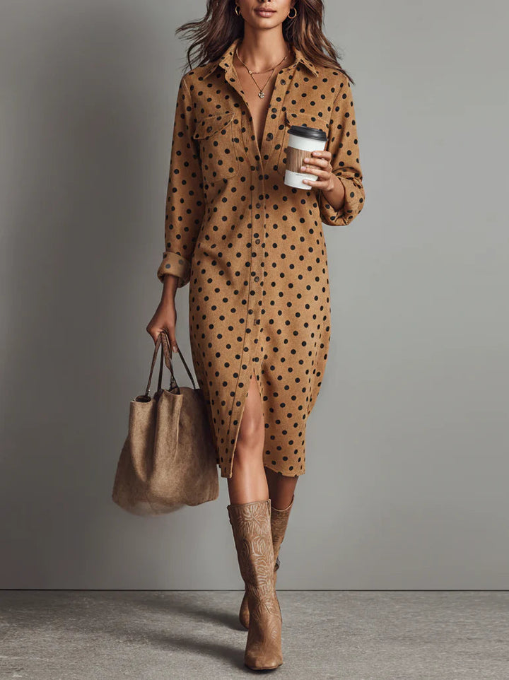 Claudia | Vestido Midi de Cuero Sintético con Estampado de Lunares