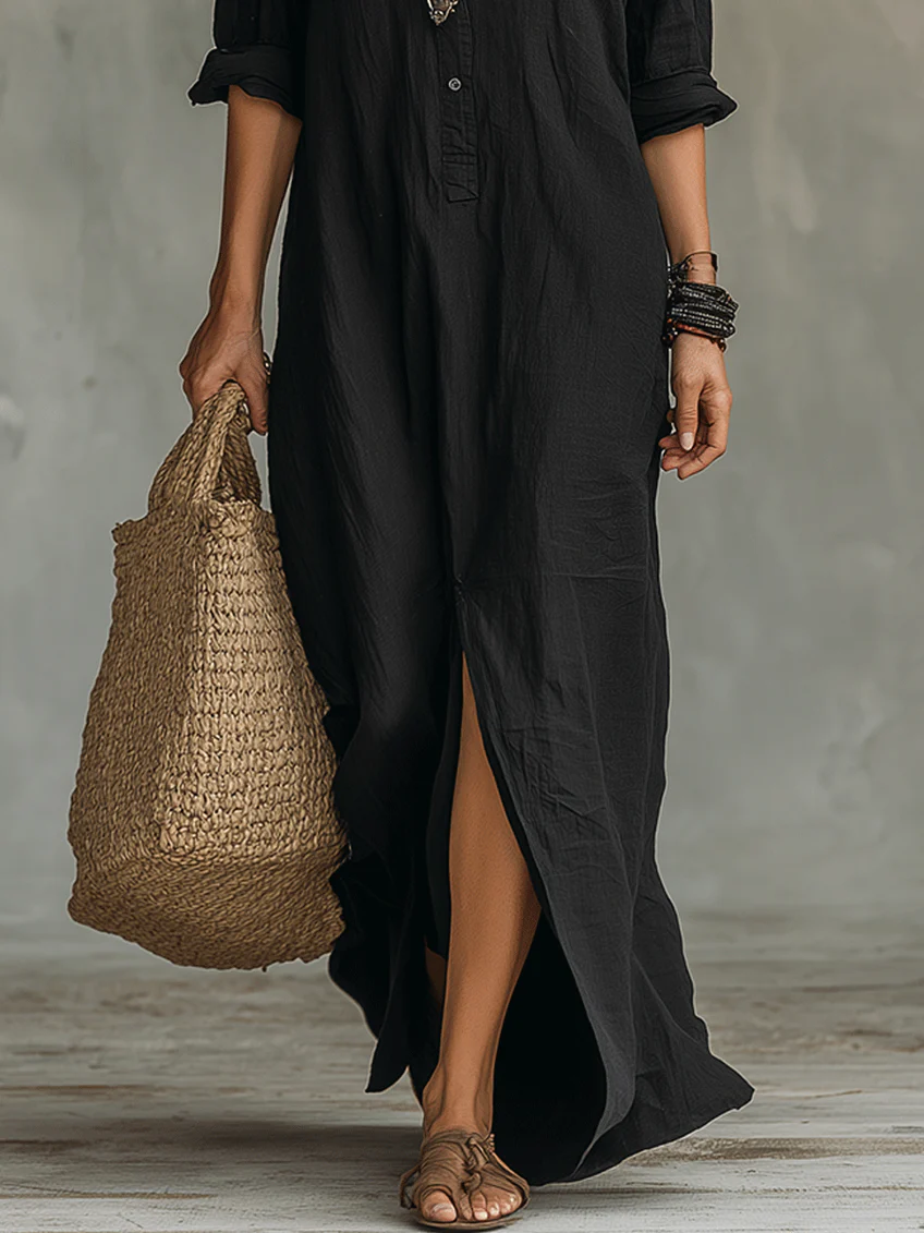 Soline™ | Vestido maxi negro de corte largo con botones