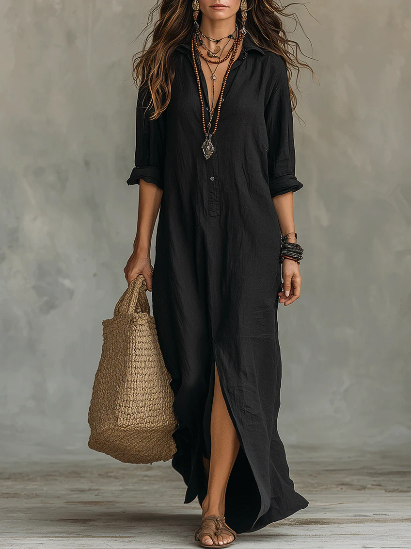 Soline™ | Vestido maxi negro amplio con botones