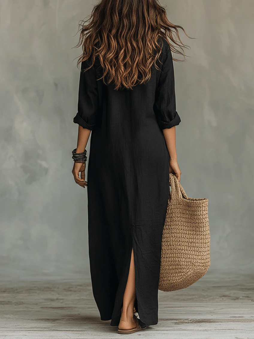 Soline™ | Vestido maxi negro amplio con botones