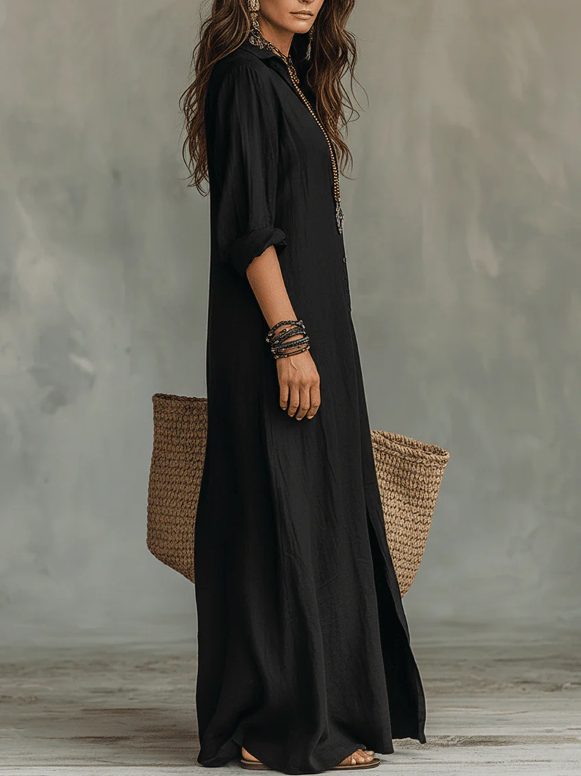 Soline™ | Vestido maxi negro de corte largo con botones