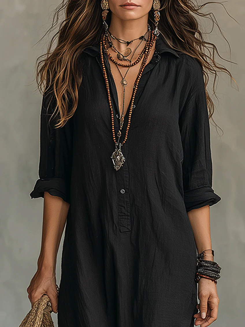 Soline™ | Vestido maxi negro de corte largo con botones