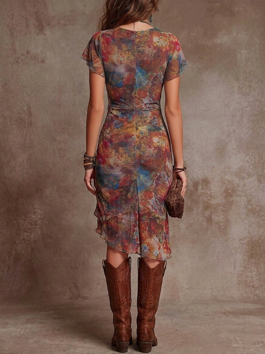 Judy | Vestido Midi Plisado Abstracto Bohemio con Escote en V
