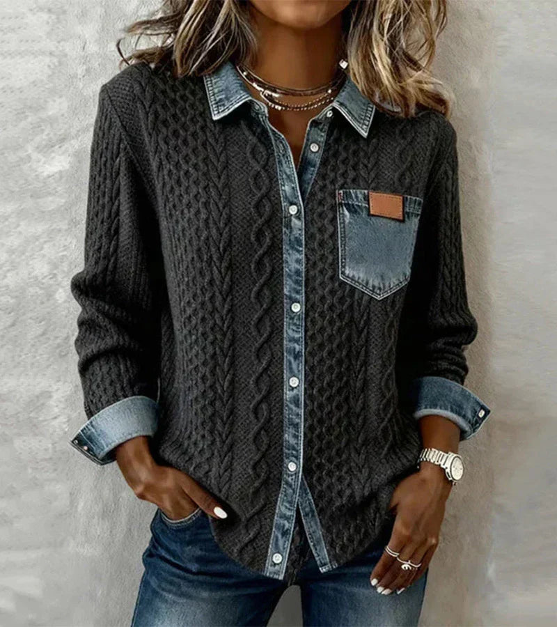 AMBRA - Sweater Estilo Patchwork con Detalles Denim