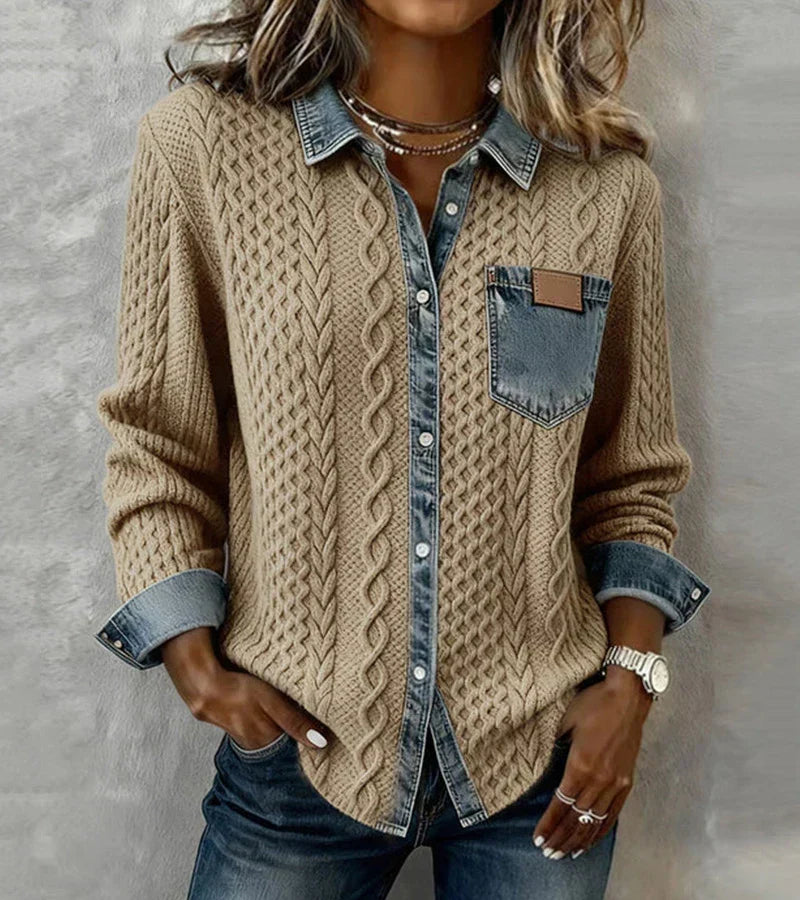 AMBRA - Sweater Estilo Patchwork con Detalles Denim