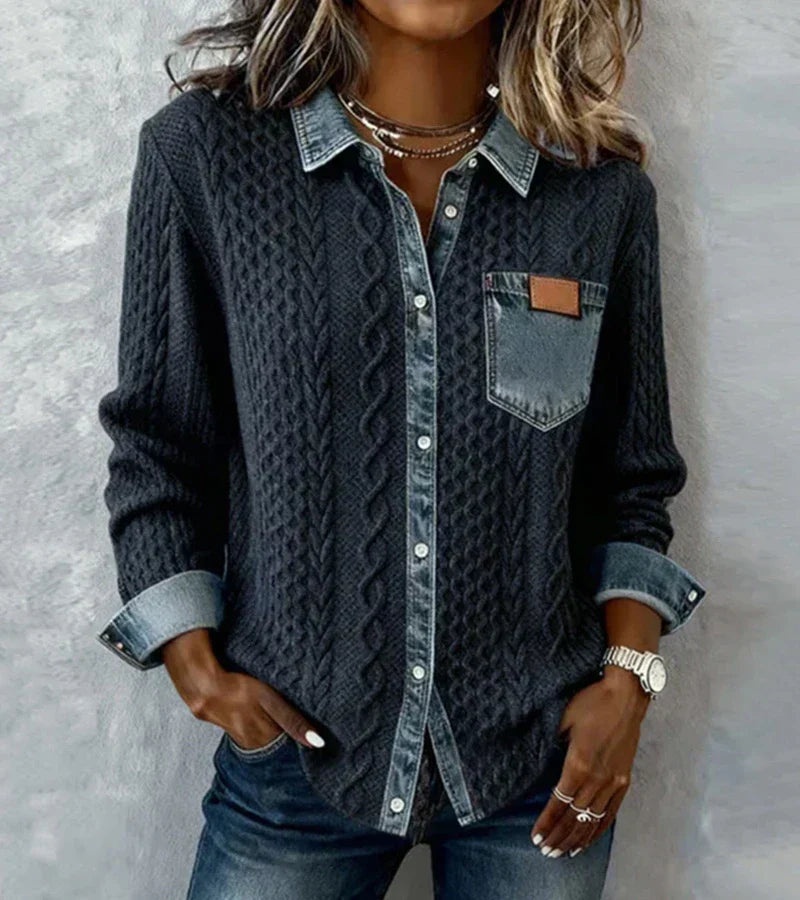 AMBRA - Sweater Estilo Patchwork con Detalles Denim