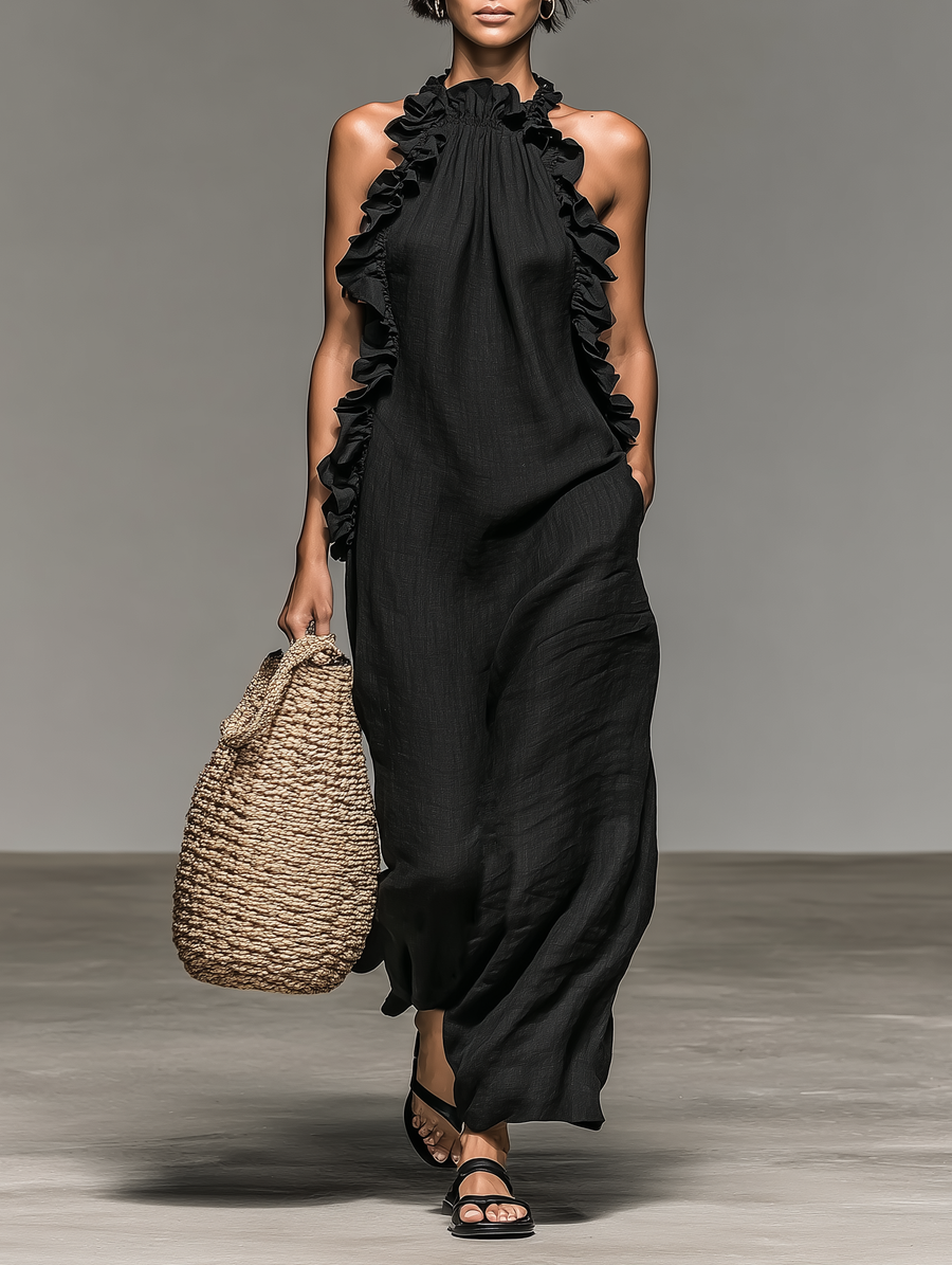 Vestido maxi sin mangas, en una mezcla de lino, con detalles de volantes